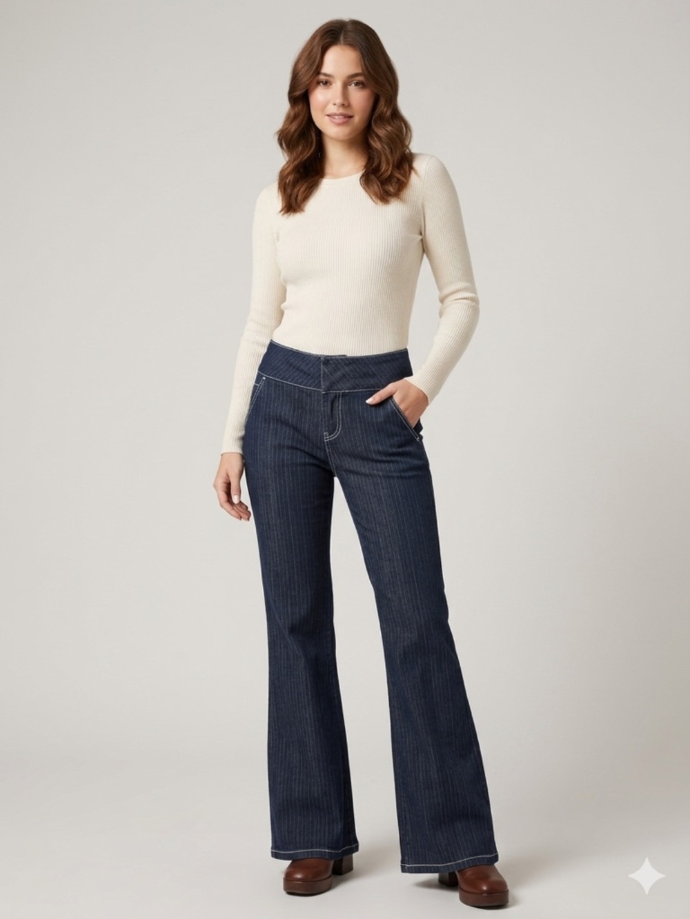Celebrity Pink Pinstripe Wide Leg Flare Trouser Jeans Dark Wash Y2K